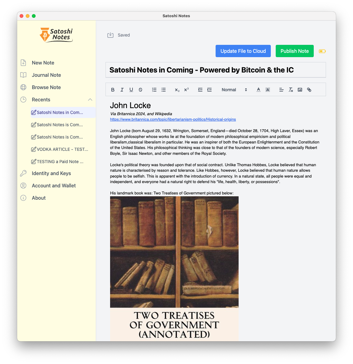 Satoshi Notes Software Running on Mac OS